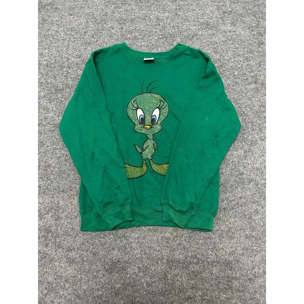 Looney Tunes Sweatshirt Womens Size M Green Rhinestone Tweety Bird Crew Neck LS